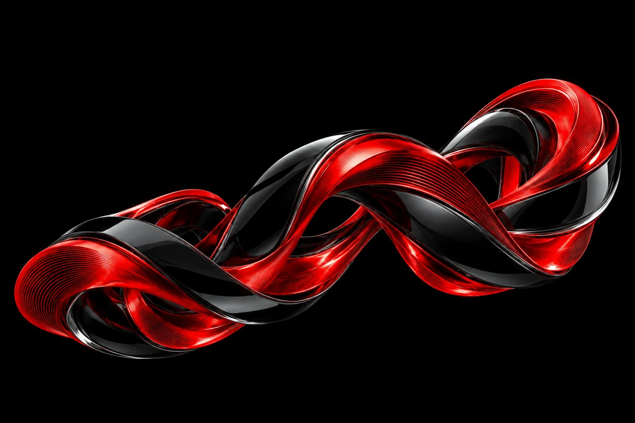 Layered red and black sculptural ribbons forming a flowing connection