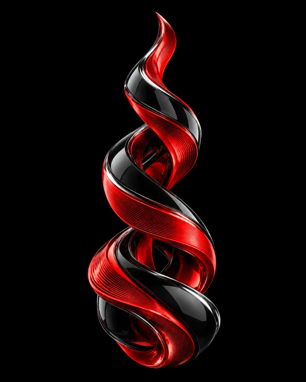 A folded red and black ribbon sculpture rising through distinct layers